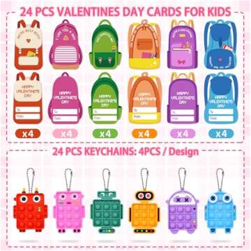 24 Pack Valentines Day Cards Gifts for Kids School Classroom, Pop Fidget Keychains Valentines for Ki...