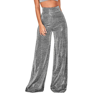 Velius Women's Sexy Metallic Sparkly Wide Leg Pants Trousers Clubwear (Medium, Black)
