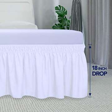 PureFit Wrap Around Ruffled Bed Skirt with Adjustable Elastic Belt - 18 Inch Drop Easy to Put On, Wrinkle Free Bedskirt Dust Ruffles, Frame Cover for Queen, King and C-King Size Beds, White