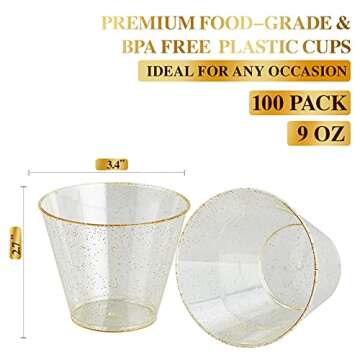 FOCUSLINE 9 oz Gold Plastic Cups, Disposable Clear Fancy Hard Plastic Cups, Gold Glitter, Heavy Duty, Reusable,100 Count