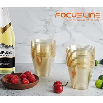 FOCUSLINE 9 oz Gold Plastic Cups, Disposable Clear Fancy Hard Plastic Cups, Gold Glitter, Heavy Duty, Reusable,100 Count