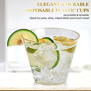 FOCUSLINE 9 oz Gold Plastic Cups, Disposable Clear Fancy Hard Plastic Cups, Gold Glitter, Heavy Duty, Reusable,100 Count