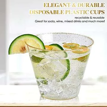 FOCUSLINE 9 oz Gold Plastic Cups, Disposable Clear Fancy Hard Plastic Cups, Gold Glitter, Heavy Duty, Reusable,100 Count