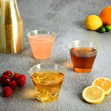 FOCUSLINE 9 oz Gold Plastic Cups, Disposable Clear Fancy Hard Plastic Cups, Gold Glitter, Heavy Duty, Reusable,100 Count