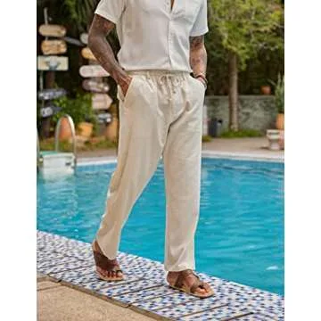 COOFANDY Men's Linen Pants Elastic Waist Yoga Pants Drawstring Lounge Big and Tall Pants Khaki (Khaki, M)