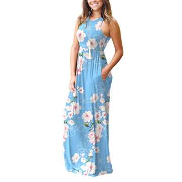 GRECERELLE Women's Summer Fashion Sleeveless Racerback Loose Dress Floral Print Casual Long Maxi Dresses with Pockets FP Light Blue-Medium