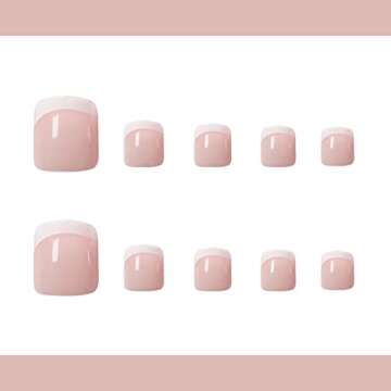 AIDVPOD 24Pcs Press on Toenails Fake Toe Nail Nude White French Tip Sticker with Glue Summer Full Cover False Fashion Square Short Removable Acrylic Nails for Women Manicure Decor