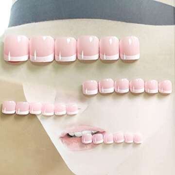 AIDVPOD 24Pcs Press on Toenails Fake Toe Nail Nude White French Tip Sticker with Glue Summer Full Cover False Fashion Square Short Removable Acrylic Nails for Women Manicure Decor