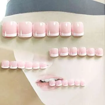 AIDVPOD 24Pcs Press on Toenails Fake Toe Nail Nude White French Tip Sticker with Glue Summer Full Cover False Fashion Square Short Removable Acrylic Nails for Women Manicure Decor