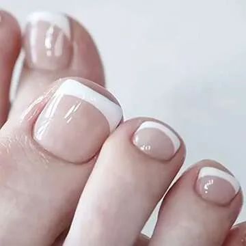AIDVPOD 24Pcs Press on Toenails Fake Toe Nail Nude White French Tip Sticker with Glue Summer Full Cover False Fashion Square Short Removable Acrylic Nails for Women Manicure Decor