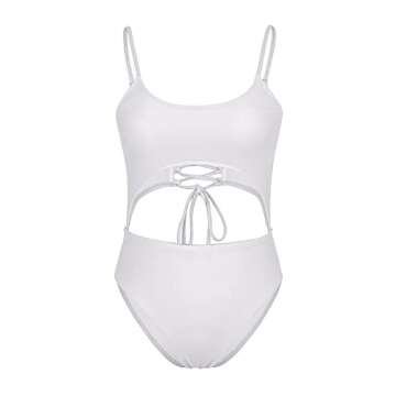 Meyeeka Spaghetti Strap Cutout High Waist One Piece Swimsuit Lace Up Athletic Monokini for Women S White