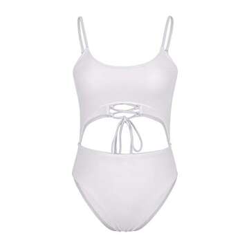 Meyeeka Spaghetti Strap Cutout High Waist One Piece Swimsuit Lace Up Athletic Monokini for Women S White