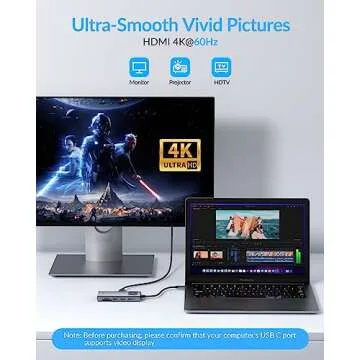 GiGimundo USB-C Adapter Multiports for MacBook Air/Pro, Aluminum Shell, PD100W Fast Charging, 3xUSB-A, 1xHDMI 4K/60Hz, SD/TF Card Reader, Type-C Hub for USB-C iPad Air/Pro, Laptop XPS, Grey