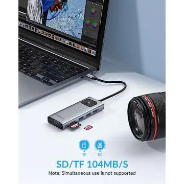 GiGimundo USB-C Adapter Multiports for MacBook Air/Pro, Aluminum Shell, PD100W Fast Charging, 3xUSB-A, 1xHDMI 4K/60Hz, SD/TF Card Reader, Type-C Hub for USB-C iPad Air/Pro, Laptop XPS, Grey