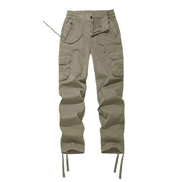 Women's Mid Waist Cotton Regular Fit Solid Color Working Outdoor Drawstring Straight Leg Cargo Pants Khaki M