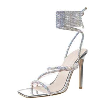 richealnini Women's Lace Up Ankle Strap Stiletto High Heel Sandals Rhinestone Clear Band Open Square...