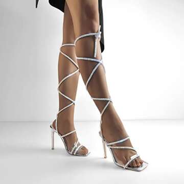 richealnini Women's Lace Up Ankle Strap Stiletto High Heel Sandals Rhinestone Clear Band Open Square Toe Tie Up To Knee High Strappy Sandals Gladiator Wedding Party Dress Silver Size 11