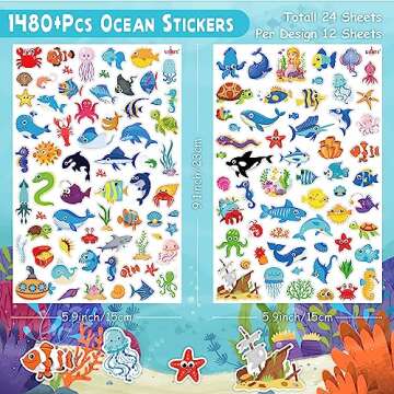 LINAYE 24 Sheets Ocean Stickers for Kids, 1480PCS Waterproof Adhesive Fish Stickers, Under The Sea A...