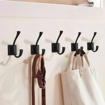 ZAUYX Large Wall Hooks 5 Pack Matte Black Coat Hooks Hardware Towel Hooks for Hanging Coats 4.35 Inch Double Robe Hooks Wall Mounted with Screws for Key, Towel, Bags, Cup, Hat