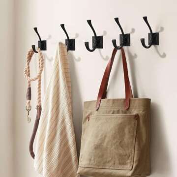 ZAUYX Large Wall Hooks 5 Pack Matte Black Coat Hooks Hardware Towel Hooks for Hanging Coats 4.35 Inch Double Robe Hooks Wall Mounted with Screws for Key, Towel, Bags, Cup, Hat