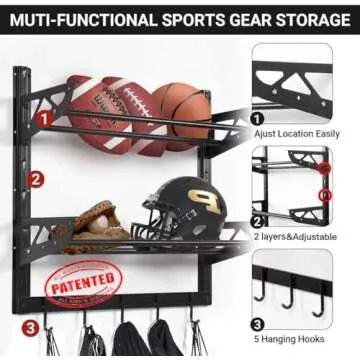 Wallmaster Garage Sports Equipment Organizer Ball Storage Rack Wall Mount Adjustable 2 Layers Steel Black Sports Gear Storage Holder with 5 Hooks