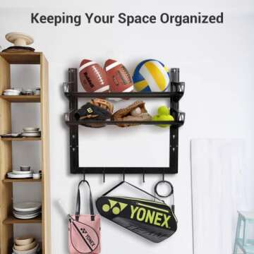 Wallmaster Garage Sports Equipment Organizer Ball Storage Rack Wall Mount Adjustable 2 Layers Steel Black Sports Gear Storage Holder with 5 Hooks