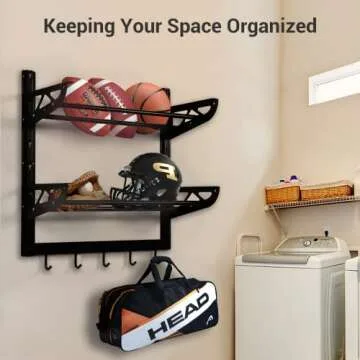 Wallmaster Garage Sports Equipment Organizer Ball Storage Rack Wall Mount Adjustable 2 Layers Steel Black Sports Gear Storage Holder with 5 Hooks