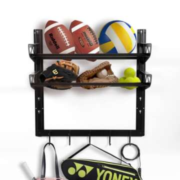 Wallmaster Garage Sports Equipment Organizer Ball Storage Rack Wall Mount Adjustable 2 Layers Steel Black Sports Gear Storage Holder with 5 Hooks