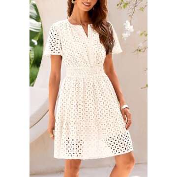 PRETTYGARDEN Womens Summer Dress V Neck Lace Ruffle Short Dress