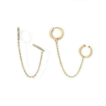 PAVOI 14K Yellow Gold Chain Earrings for Women | Dangle Chain Huggie Hoop Earrings | Cubic Zirconia Ear Cuff