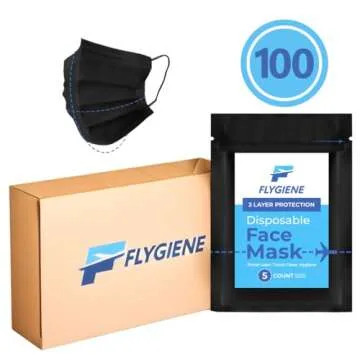 FLYGIENE - 3-Ply Black Disposable Face Mask - TSA Approved Disposable Face Masks - Comfortable & Safe Disposable Face Mask for Safety & Protection - Ideal for Travel & Daily Use - 5 Count(1 Pack of 5)