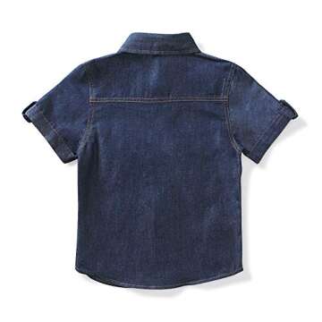 OCHENTA Boys Button Down Shirts Short Sleeve Lightweight Denim Western Work Cowboy Tops Dark Blue Ta...