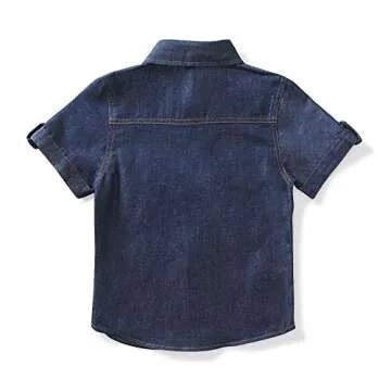 OCHENTA Boys Button Down Shirts Short Sleeve Lightweight Denim Western Work Cowboy Tops Dark Blue Ta...