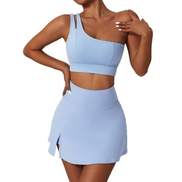 ABOCIW 2 Piece Tennis Skirts Outfits One Shoulder Sports Bra and Athletic Skorts Golf Dresses Blue Small