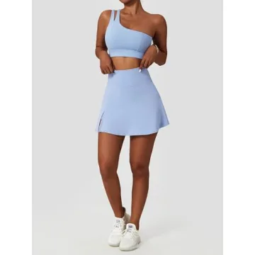 ABOCIW 2 Piece Tennis Skirts Outfits One Shoulder Sports Bra and Athletic Skorts Golf Dresses Blue Small