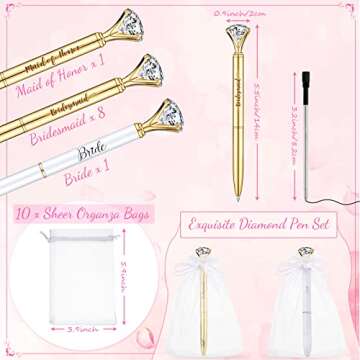 Pajean 10 Pcs Bridal Shower Pens Bridesmaid Diamond Pens with 10 Sheer Organza Bags Crystal Metal Ba...