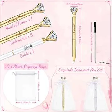 Pajean 10 Pcs Bridal Shower Pens Bridesmaid Diamond Pens with 10 Sheer Organza Bags Crystal Metal Ba...