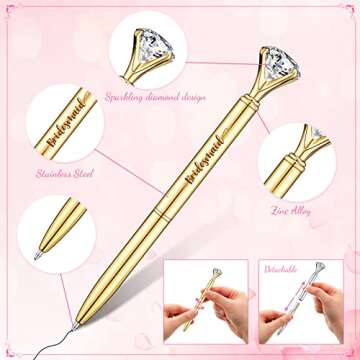 Pajean 10 Pcs Bridal Shower Pens Bridesmaid Diamond Pens with 10 Sheer Organza Bags Crystal Metal Ballpoint for Wedding Party Favors(Gold, White,Elegant)