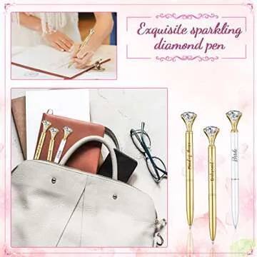 Pajean 10 Pcs Bridal Shower Pens Bridesmaid Diamond Pens with 10 Sheer Organza Bags Crystal Metal Ballpoint for Wedding Party Favors(Gold, White,Elegant)