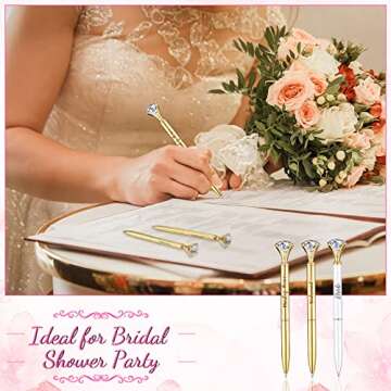 Pajean 10 Pcs Bridal Shower Pens Bridesmaid Diamond Pens with 10 Sheer Organza Bags Crystal Metal Ballpoint for Wedding Party Favors(Gold, White,Elegant)