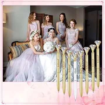 Pajean 10 Pcs Bridal Shower Pens Bridesmaid Diamond Pens with 10 Sheer Organza Bags Crystal Metal Ballpoint for Wedding Party Favors(Gold, White,Elegant)