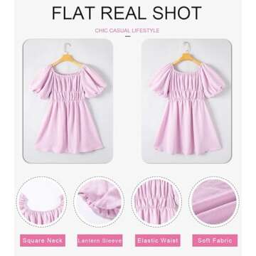 Dokotoo Womens Square Neck Summer Dresses Lantern Sleeve Ruffle A-Line Purple Dresses for Women Elastic Waist Casual Mini Beach Dresses Small