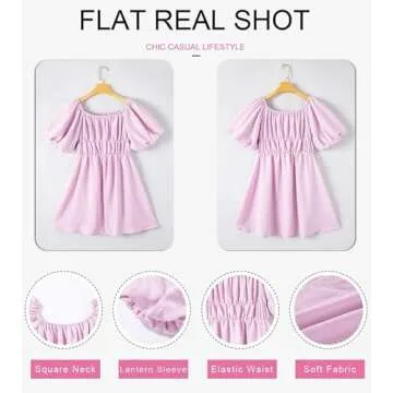 Dokotoo Womens Square Neck Summer Dresses Lantern Sleeve Ruffle A-Line Purple Dresses for Women Elastic Waist Casual Mini Beach Dresses Small