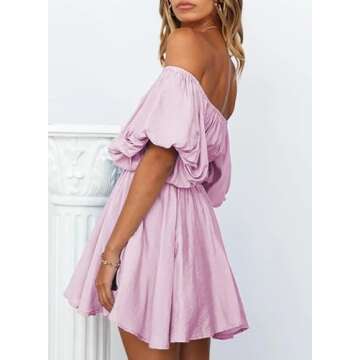 Dokotoo Womens Square Neck Summer Dresses Lantern Sleeve Ruffle A-Line Purple Dresses for Women Elastic Waist Casual Mini Beach Dresses Small