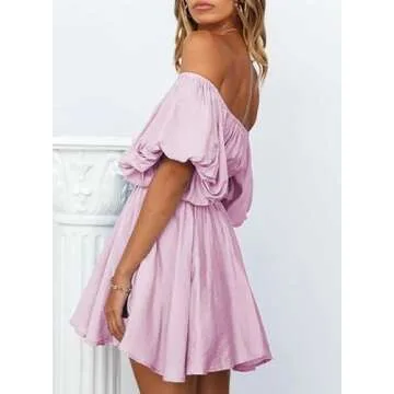 Dokotoo Womens Square Neck Summer Dresses Lantern Sleeve Ruffle A-Line Purple Dresses for Women Elastic Waist Casual Mini Beach Dresses Small