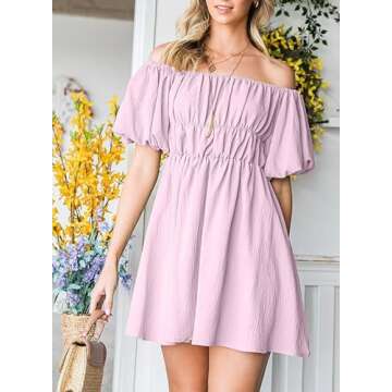 Dokotoo Womens Square Neck Summer Dresses Lantern Sleeve Ruffle A-Line Purple Dresses for Women Elastic Waist Casual Mini Beach Dresses Small