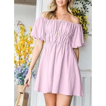 Dokotoo Womens Square Neck Summer Dresses Lantern Sleeve Ruffle A-Line Purple Dresses for Women Elastic Waist Casual Mini Beach Dresses Small