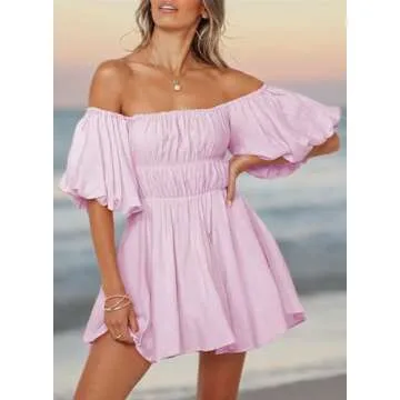 Dokotoo Womens Square Neck Summer Dresses Lantern Sleeve Ruffle A-Line Purple Dresses for Women Elastic Waist Casual Mini Beach Dresses Small