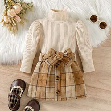 Fernvia Toddler Baby Girl Fall Winter Skirt Set Turtleneck Ribbed Long Sleeve T-Shirt Top & Plaid Sk...