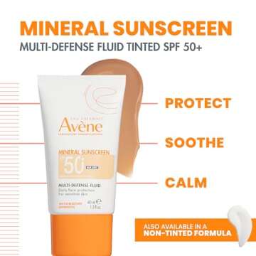 Avene Mineral Sunscreen Multi-Defense Fluid Tinted SPF 50+, Clean Formula Sunscreen for Sensitive Sk...